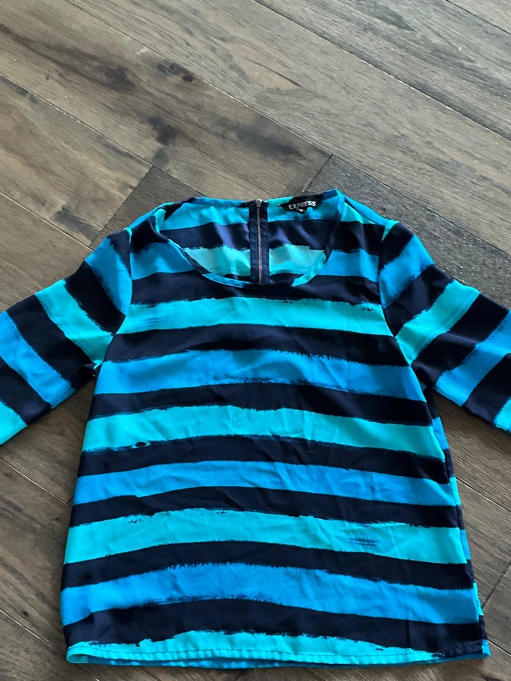 Express Lady Teal and Navy Blue Striped 3/4 Sleeve Top